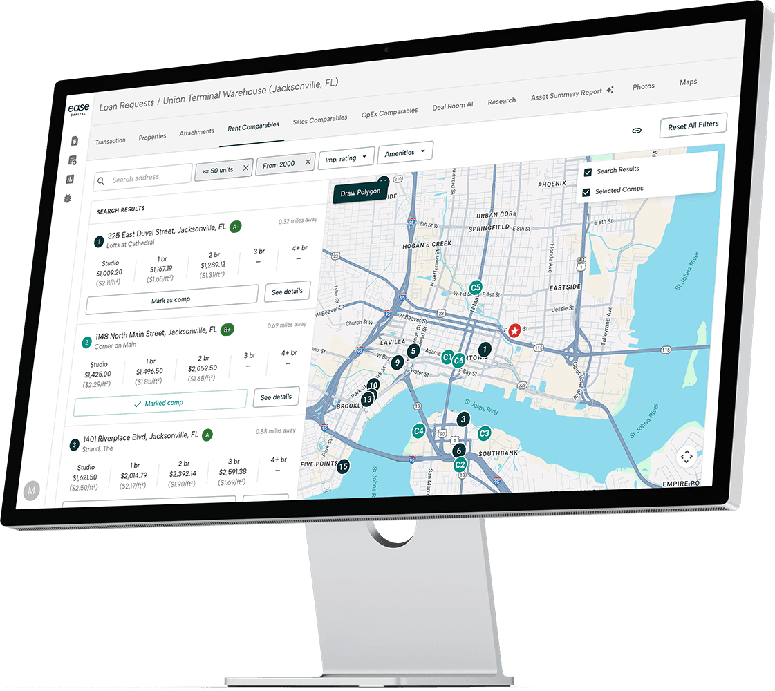 Ease platform interface showing loan requests and property comparables